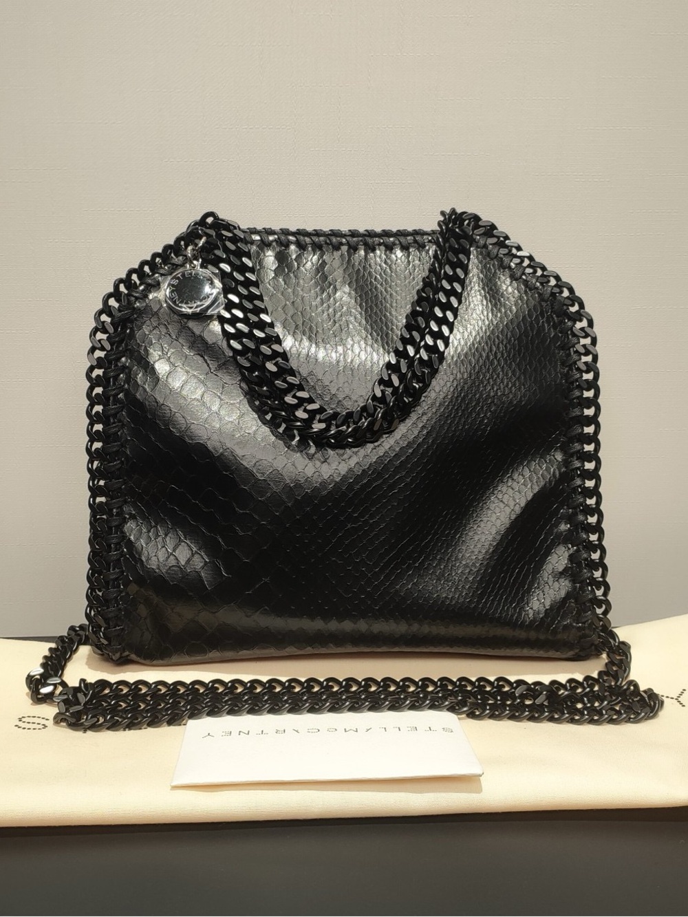 Stella McCartney Black Falabella Snake-Effect Shoulder Bag with Chain Trim